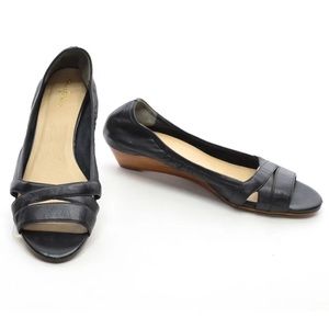 Cole Haan black leather open-toe wedge